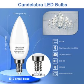 Brtstiun E12 LED Ceiling Fan Light Bulbs, 5000K Daylight White, 600 Lumens, 60 Watt Equivalent, 6W C37 Candle Chandelier Light Bulbs, Non-Dimmable, 6 Pack