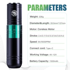 Dragonhawk A2 Wireless Complete Tattoo Gun Kit Pro Beginner Pen Machine 7 Strokes Length 2.4-4.2mm with 2 Batteries Mcore-A Motor Red Color