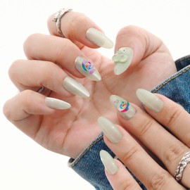 Chic Chit Press On Nails: Lolifrog, Hand Made 3D,green frog funny lolipop glossy, almond, M size