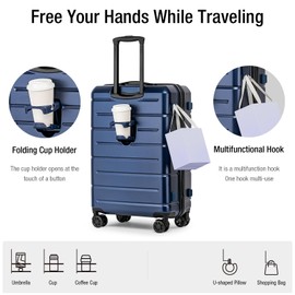 KYME Hard Shell Checked 24 Inch Luggage with Cup Holder,Medium Suitcase with Double Spinner Wheels & Built-In TSA Lock,Navy Blue