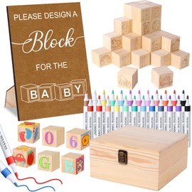 Pydeeirom Baby Shower Blocks Game Set with Wooden Box, Acrylic Markers & Wooden Sign for Baby Shower Games, Gender Reveal & Decorations (Kraft)