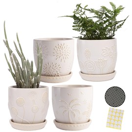 BABALIU 4.75 Inch Ceramic Plant Pots with Drainage Holes and Saucer, Cylinder Flower Plant Pots Set for Succulent Orchids Herb Little Snake Plants, Creamy White, Set of 4