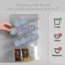 BREIKON Magic Rolling Pods K Cup Organizer, Wall Mount K Cup Holder, Clear Acrylic Coffee Organizer, Space Saver K Cup Storage with Left Oblique Shelves