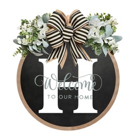 Circular Front Door Garland Surname Welcome Sign Garland, 26 Letter House Garland, Front Porch Decorations,Farmhouse Wreath, Door Hanging Decorations,Year-Round Front Door Wreath Home Decor Wreath (H)