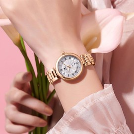 OLEVS Wrist Watches for Women Elegant Date Roman Numeral Scale Womens Quartz Watches Rose Gold Stainless Steel Watches with Silver Dial Waterproof Luminous