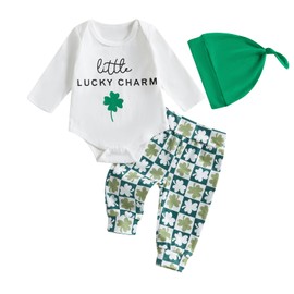 Lamuusaa Newborn Baby Boy St. Patricks Day Outfit Little Lucky Charm Romper Shamrock Long Pants Hat 3Pcs Clothes Set (White, 6-12 Months)