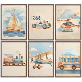 6Pcs Vintage Vehicle Nursery Canvas Wall Art Watercolor Blue Yellow Car Airplane Ship Train Prints Pictures Transportation Vehicle Painting Wall Decor for Children Room Home Decoration