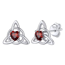 Bestyle Heart Celtic Cross Stud Earrings for Women, Synthetic Heart Garnet Crystal Stud January Birthstone Earring Silver Stud Earring with Gemstone, Gift on Birthday