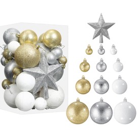 Outus 61 Pcs Glitter Christmas Tree Ornament Set Glitter Shatterproof Christmas Ball Ornaments Bulk Plastic Christmas Tree Star Topper for Xmas Tree Balls Holiday Party(Gold Silver White)