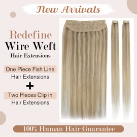 Wire Hair Extensions, Ugeat 14 inch Highlight Blonde Hair Extensioins Fish Line Human Hair Color Golden Blonde Mixed with Blonde Hair Extensions 80G and 2 Pieces Clip in Hair Extensions