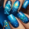 24Pcs Blue Ocean Press on Nails Long Coffin Fake Nails