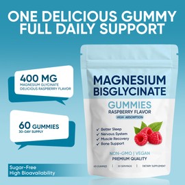 Magnesium Bisglycinate Gummies, with 400mg Magnesium Bisglycinate Chelate, Sea Salt, Raspberry Fruit Powder, Vegan, 60 Gummies