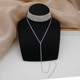 Wekicici Conjunto de novia de boda con diamantes de imitación de cristal elástico pulsera de brillantina, gargantilla de diamantes de imitación, anillo de diamantes de imitación, pendientes colgantes con flecos para mujer
