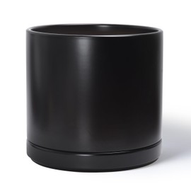 D'vine Dev 14 Inch Ceramic Planter Pot with Drainage Hole and Saucer, Indoor Cylinder Round Planter Pot, Black, 94-O-G-2