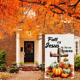 Fall Cross Pumpkin Garden Flags 12x18 Double Sided, Fall for Jesus He Never Leaves Yard Flag for Outside, Autumn Thanksgiving Holiday Seasonal Religious Outdoor Decorations for Home