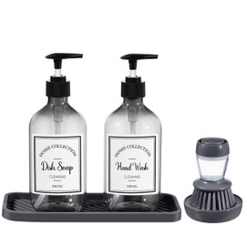 4 Pieces Kitchen Soap Dispenser Set Includes 16 oz Plastic Dish Soap Hand Wash Dispenser with Silicone Tray and Labels, Dish Brush with Soap Dispenser and Drip Tray, for Hand Soap Lotion (Black, Gray)