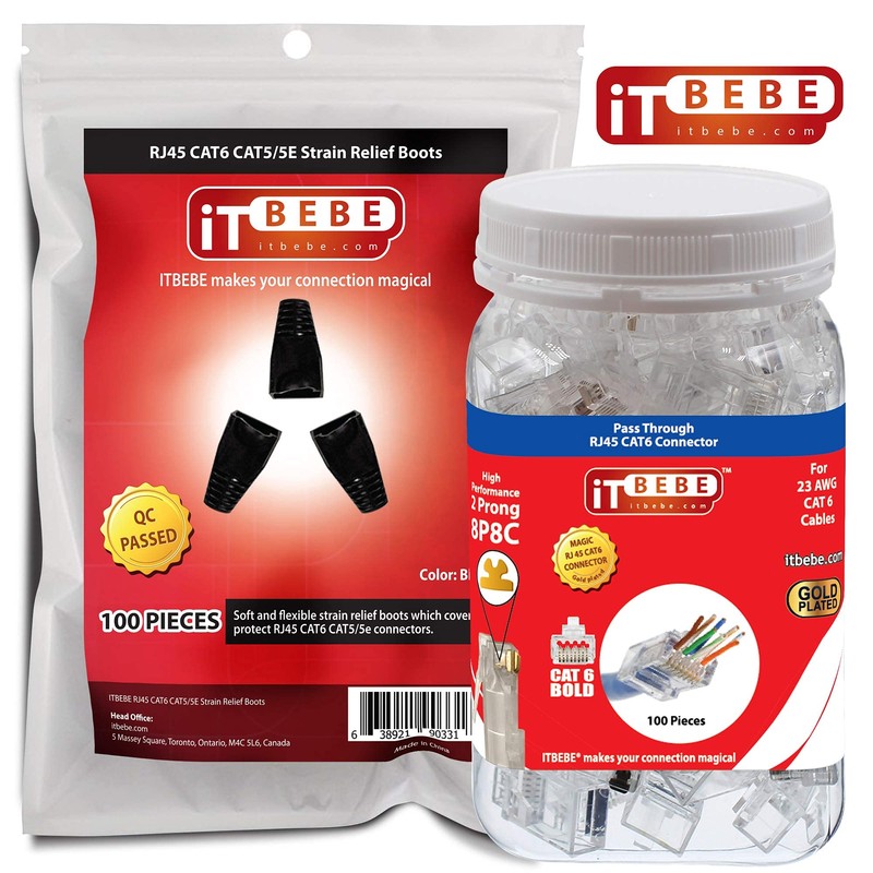 ITBEBE 100 Sets Pass-Through RJ45 Cat6 Cat6a Connector and Black
