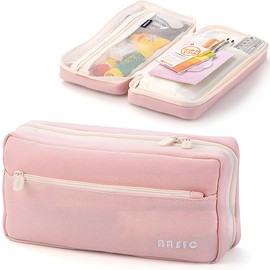 MAMUNU Large Pencil Case with 4 Compartments, Big Capacity Canvas Pencil Bag with Zipper, Aesthetic Pencil Case Bag for Office College School Teen Boys Girls Students (Pink)