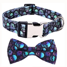 Skull Dog Collar with Bow Tie, Cool Goth Bowtie Puppy Collar Funny Boy Dog Collars for Xs Small Medium Large Breed Pet Male Dogs Cats, XSmall