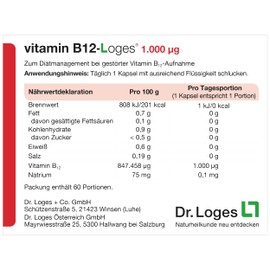 Vitamin B12-Loges® 500 ug - 180 Capsules - High Dose Hydroxo-Cobalamin - For Diet Management for Disturbed Vitamin B12 Intake - with Depot Effect - Without Titanium Dioxide