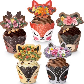 Blulu 60 Pieces Woodland Baby Shower Cupcake Wrappers and Toppers Woodland Deer Cupcake Liners Woodland Animal Wild One Birthday Party Decorations Woodland Creature Supplies