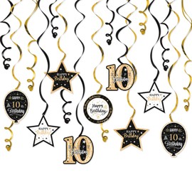 Nelbiirth Happy 10th Birthday Black & Gold Glitter Swirls Streamers Party Decorations - 15 Pcs 10th Birthday Hanging Swirls Streamers Kit,Cheers to Ten Years Old Bday Party Sign.