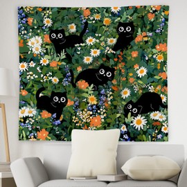 WNAGT Wildflower Black Cat Tapestry Wall Hanging, Cat Room Decor, Cute Black Kitten Cottagecore Floral Botanical Wall Blanket Decor for Home Living Room Girls Bedroom Dorm, 50x60 Inch