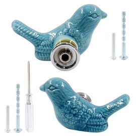 HARSKIYER Bird Shape Ceramic Knobs, 2 Pack Blue Cute Cabinet Pulls Handles for Dresser, Drawer, Cupboard with Mounting Screws and Screwdriver