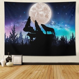 feelacle Wolf Tapestry 60" X 40" Wolf Moon Tapestry Starry Night Sky Wall Hanging Party Decorations Home Decor for Bedroom Living Room Dorm (150 X 100cm)