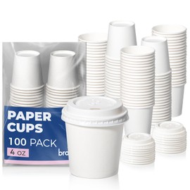 Fit Meal Prep 100 Pack 4 oz Disposable Coffee Cups with Lids, Premium To Go Paper Cups, Leak Proof Hot Coffee Cups for Travel, Office, Hot/Cold Beverages (White Lids)