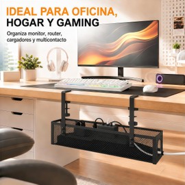 Organizador de Cables Bajo el Escritorio sin Taladro, 38.7x12x7 cm, Negro Acero al carbono con malla abierta, 2 abrazaderas, 2 clips y 4 tiras de velcro; acomoda regletas, cargadores y adaptadores