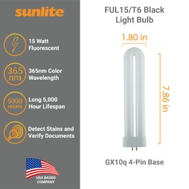 Sunlite 40484-SU T6 Fluorescent U-Shaped Light Bulb, 15 Watts, UV Light, 365nm Color Wavelength, GX10q 4-Pin Base, Plug-in, 5,000 Hour Life Span, Clubs, Restaurants, Party Lights, Blacklight, 5 Count