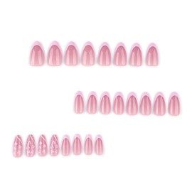 LPOODDNU French Tip Press on Nails, Medium Almond Fake Nails Five-petaled Flowers Press on Nails Glossy Pink Nail Art Accessories Delicate Small Flower Stick on Nails for Women Nail Decorations