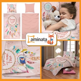 Aminata kids Bed Linen 135 x 200 cm Dreamcatcher Motif Girls Cotton Reversible Children's Bedding Set Dreamcatcher Feathers YKK Zip Pink