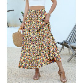 NILOUFO Women's Flowy High Waist A-Line Maxi Skirt - Summer Casual Lightweight Long Skirts with Pockets (Colorful Paint, XX-Large)