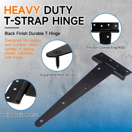 8 Inch T-Strap Gate Hinges, Shed Barn Door Hinges Heavy Duty, Black Tee Hinges for Wooden Fences, Yard Gate, Wrought Hardware Iron Rustproof (6Pack/Set)