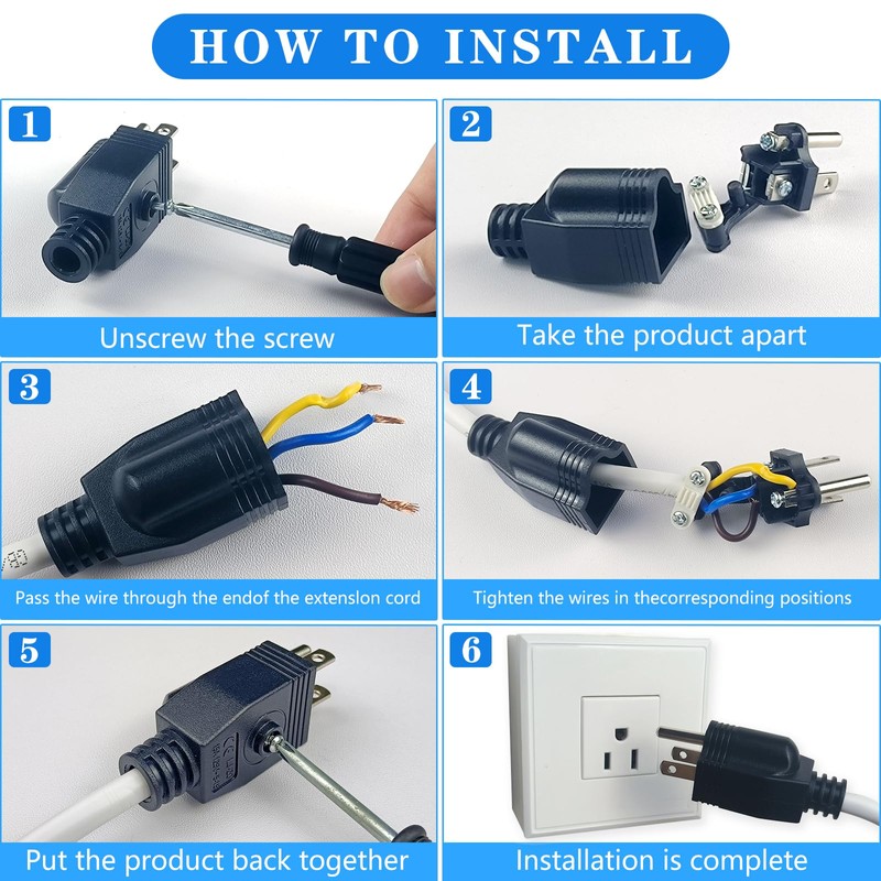 3 Prong Replacement Plug, 6 Pack Extension Cord Ends, Replacement