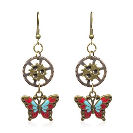TIANBANGSHI Handmade Steampunk Vintage Clockwork Gear Earrings Unique Retro Angel Wing Gear Earrings Antique Mix-tone Drop Dangle Earrings for Women Men (butterfly)
