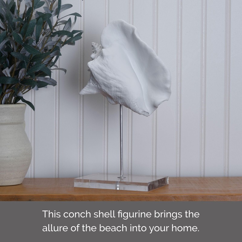 Elements Decorative White Resin Conch Shell Figurine on Stand, Modern