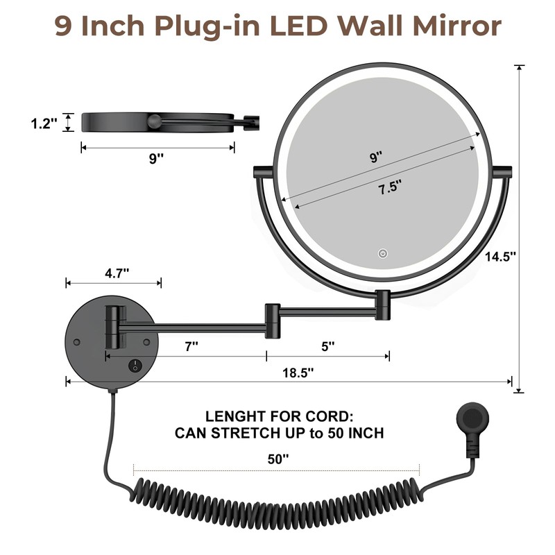 Rocollos 9" Plug-in Wall Mounted Lighted Makeup Mirror 1X/10X Magnification,