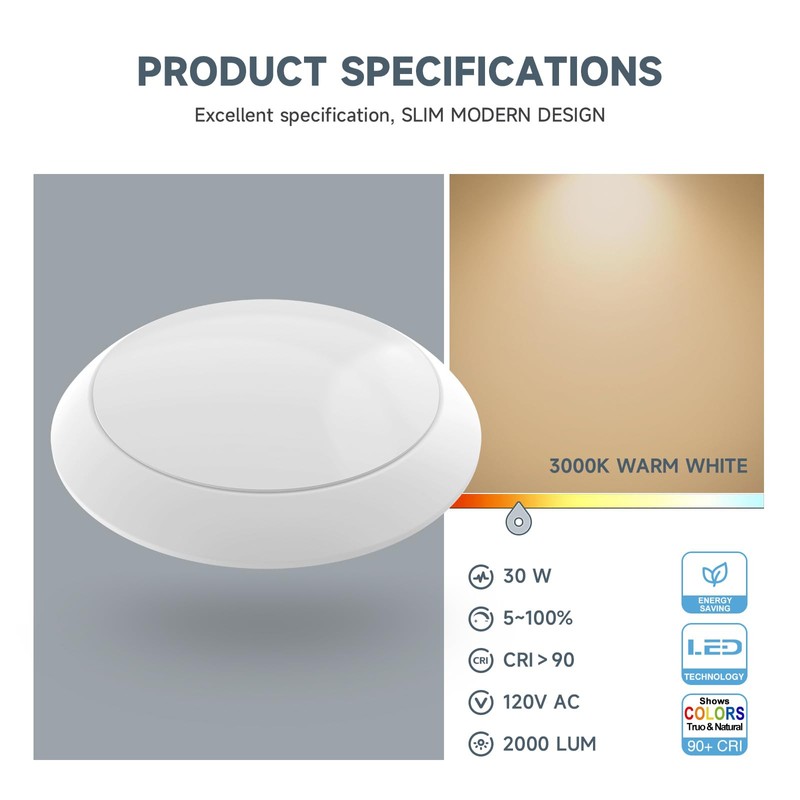 ECOELER 8 inch LED Dimmable Disk Light, 30W, 2000 Lm,