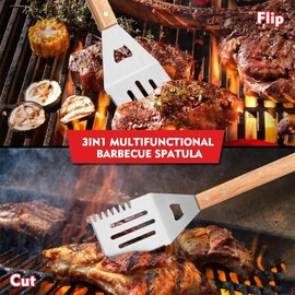 HISECOO 3-Piece Wooden Grill Tool Set, BBQ Accessories & Grill Tools, Durable Stainless-Steel Utensils Multi-Function Spatula, Fork & Tongs, Grilling Gifts for Men, Dad Outdoor (3)