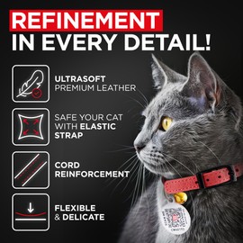 Leather Cat Collar with Bell and Safety Elastic Strap Breakaway Alternative for Small & Large Kittens, Stylish Pet Leather Collar for Boy, Girl Cats with Metal Buckle & QR ID Tag (Red)