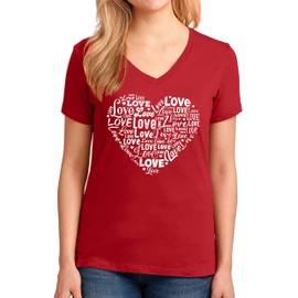 Women's Love Heart Tops Valentine's Day Graphic V Neck T-Shirt Gift Red