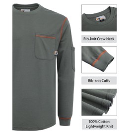 VATRENUS FR Shirts Crewneck 5.5oz Lightweight Flame Resistant 100% Cotton Men's Pre-Washed Fire Retardant Workwear