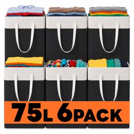 6Pack 75L Laundry Basket, Waterproof Collapsible Laundry Hamper with Handles, Large Clothes Hamper Organizer for Bedroom Bathroom Laundry Room Storage (Black)