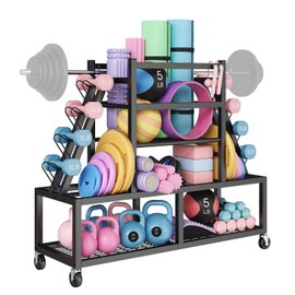 Dumbbell Rack, Weight Rack for Dumbbells, Large Rack Home Gym Storage, Multilevel Workout Storage Organizer with Wheels and Barbell Holder, Perfect for Yoga Mat Balls Kettlebells and Fitness Gear,black