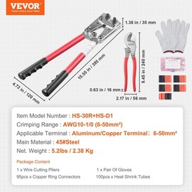 VEVOR Hydraulic Crimping Tool with 9 Sets of  Dies AWG12-2/0 Copper And Aluminum Terminal Battery Lug Crimper, with a Cutting Pliers, Gloves, 10pcs Copper Ring Connectors, 8pcs Heat Shrink Sleeves - Crimping Range: Crimping Tool with Cable Cutter - AWG 1