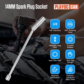 PLAYOCCAR 14mm Spark Plug Socket, 3/8" Magnetic 360° Swivel Driver Set, 12-Point Wobble Thin Wall Removal Tool (Long)