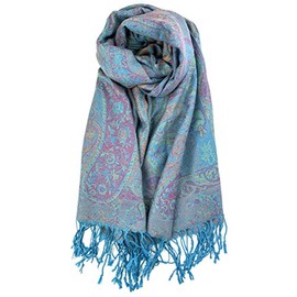 Plum Feathers Pashmina Scarf with Ethnic Tapestry Style Paisley Pattern - 67" x 28" Everyday Pashmina Travel Wrap and Shawl (Turquoise Tapestry)